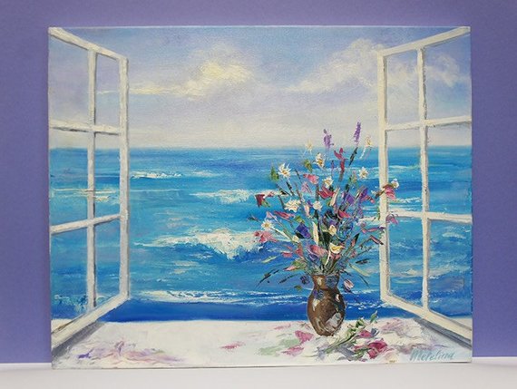 570x429 Window View Painting Seashore Painting Ocean Painting Sea - Window View Painting