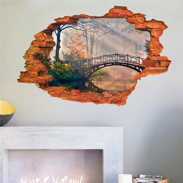 640x640 Vivid 3d Landscape Painting Window View Wall Sticker Bridge Tree - Window View Painting