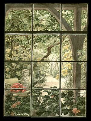 301x400 Fine Art, Garden View From Window, Muriel King, Vintage Watercolor - Window View Painting