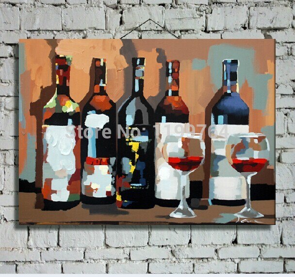 608x570 Hand Painted Red Wine Bottle Art Painting On Canvas For Hotel - Wine Bottle Art Painting