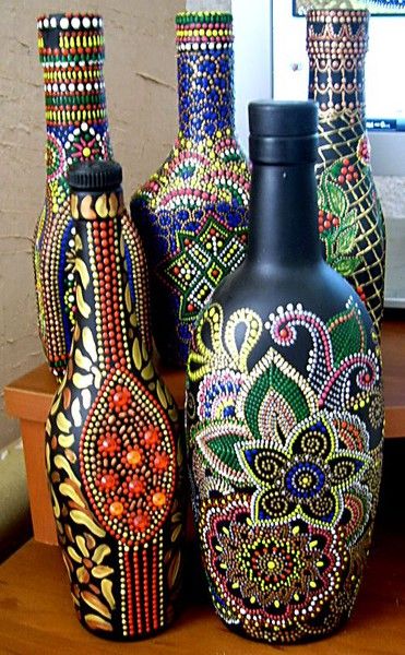 371x600 Puntillismo, Point To Point Bottles Jars (Diy) - Wine Bottle Art Painting