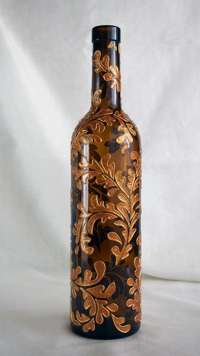 394x700 Art Inside Hand Painted Wine Bottle Golden Leaves Leaves - Wine Bottle Art Painting