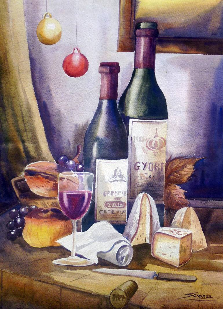 770x1068 Saatchi Art Wine Bottles, Wine Glass Amp Food Watercolor Painting - Wine Glass Art Painting