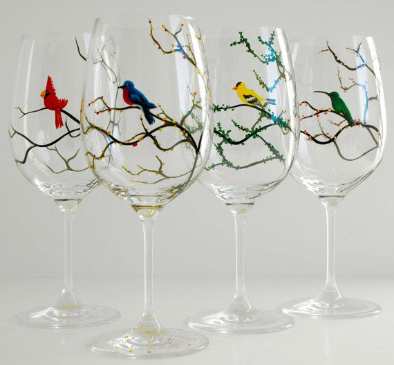 570x529 Seasonal Birds Wine Glasses By Full Time - Wine Glass Art Painting