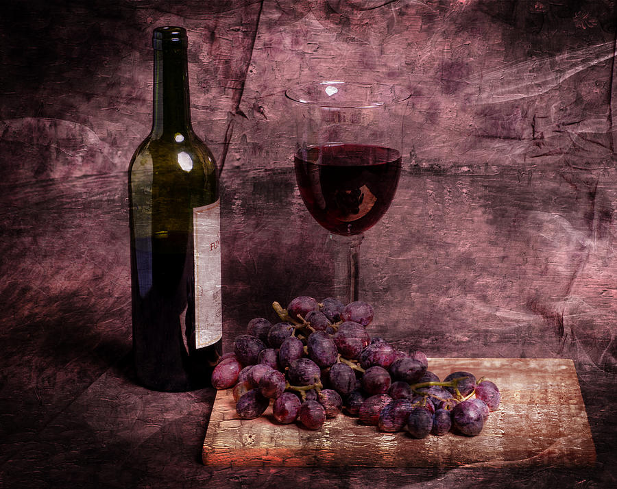 900x714 Wine Bottle Glass And Grapes In Oil Painting Effect. Photograph By - Wine Glass Oil Painting