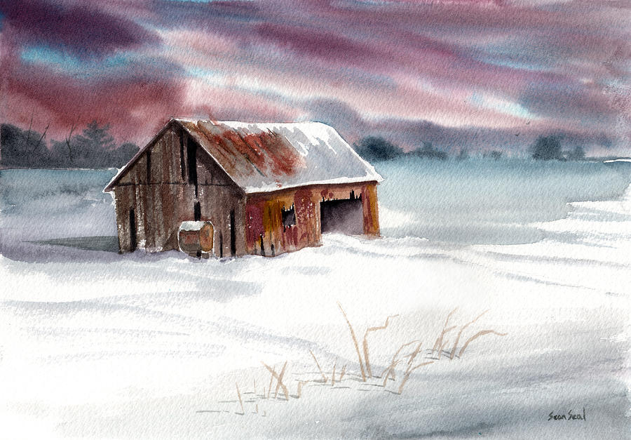 900x627 Rusty Roof Winter Barn Painting By Sean Seal - Winter Barn Painting