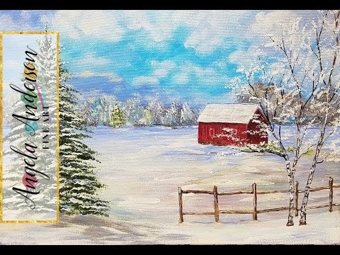 480x360 Snowy Winter Landscape With Red Barn Acrylic Painting Tutorial - Winter Barn Painting