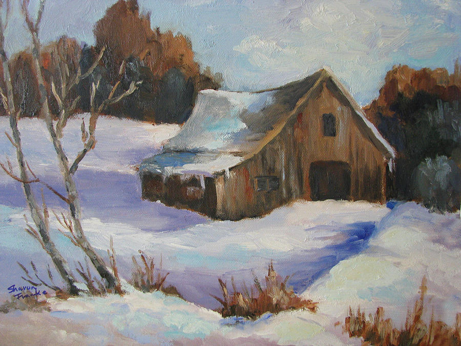 900x675 The Old Barn In Winter Painting By Sharon Franke - Winter Barn Painting