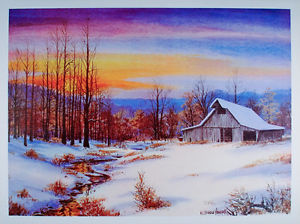 300x224 Vintage Winter Sunset Poster Old Barn Art Print Snow Creek Brown - Winter Barn Painting