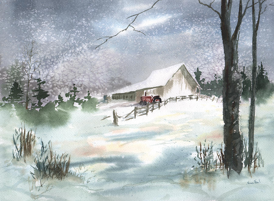 900x660 Winter Barn And Tractor Painting By Sean Seal - Winter Barn Painting