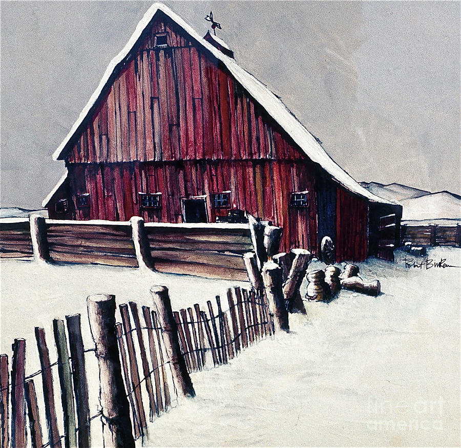 900x876 Winter Barn Painting By Robert Birkenes - Winter Barn Painting