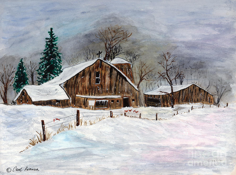 900x668 Winter Barns Painting By Carol Komassa - Winter Barn Painting