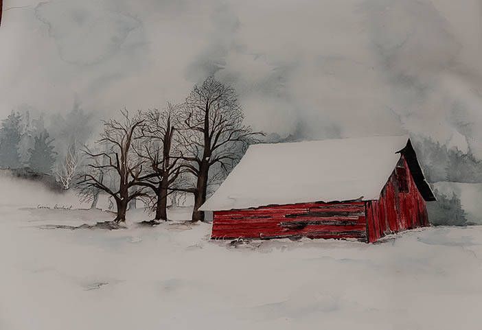 702x481 Large Watercolor Painting Of Red Barn In Snow, Snow Scene, Winter - Winter Barn Painting