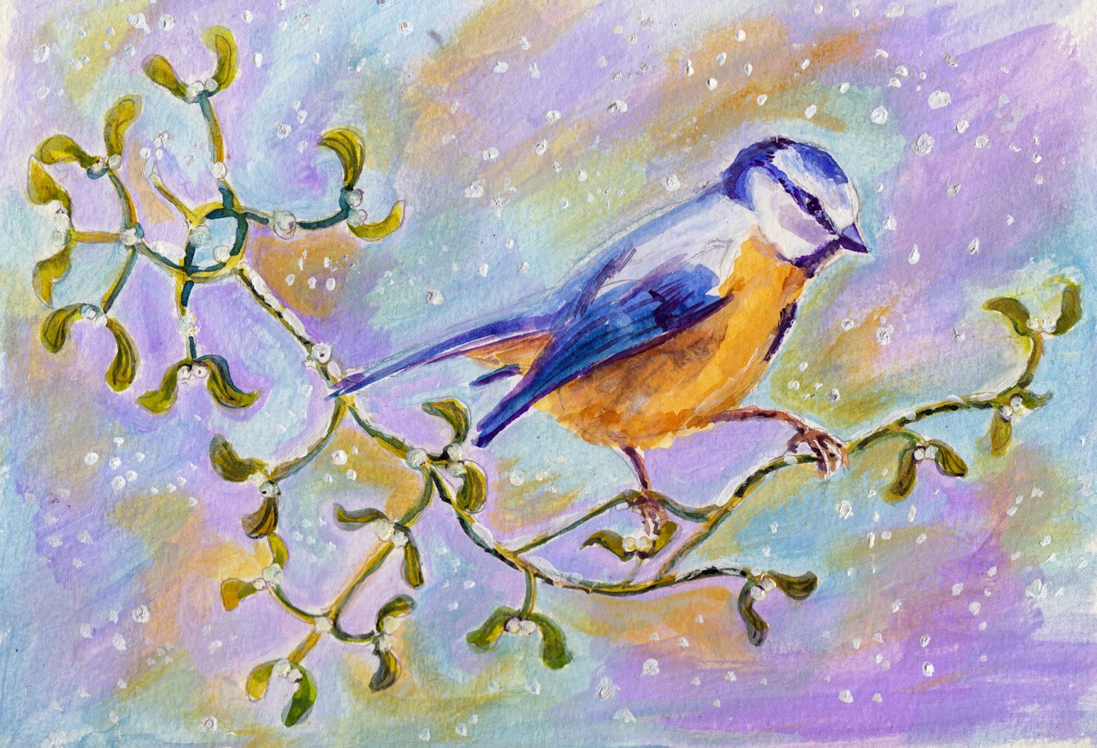 1600x1091 Padmayogini's Artist's Diary Winter Birds, New Paintings - Winter Bird Painting