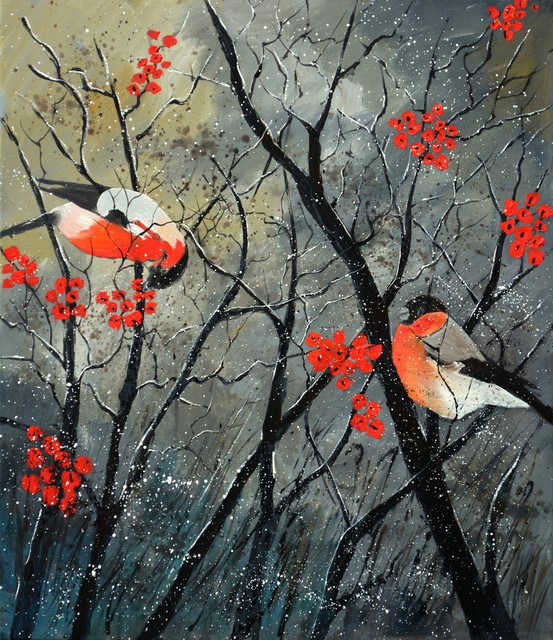 553x640 Pol Ledent Artwork Two Birds In Winter Original Painting Oil - Winter Bird Painting