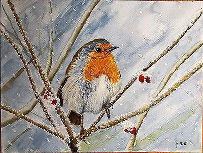 400x302 Robin Original Watercolor Painting Signed, Winter Bird Wildlife - Winter Bird Painting