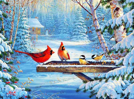 450x332 Winter Birds - Winter Bird Painting