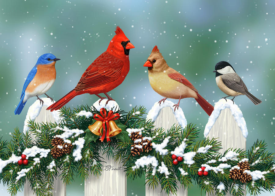 900x642 Winter Birds And Christmas Garland Painting By Crista Forest - Winter Bird Painting