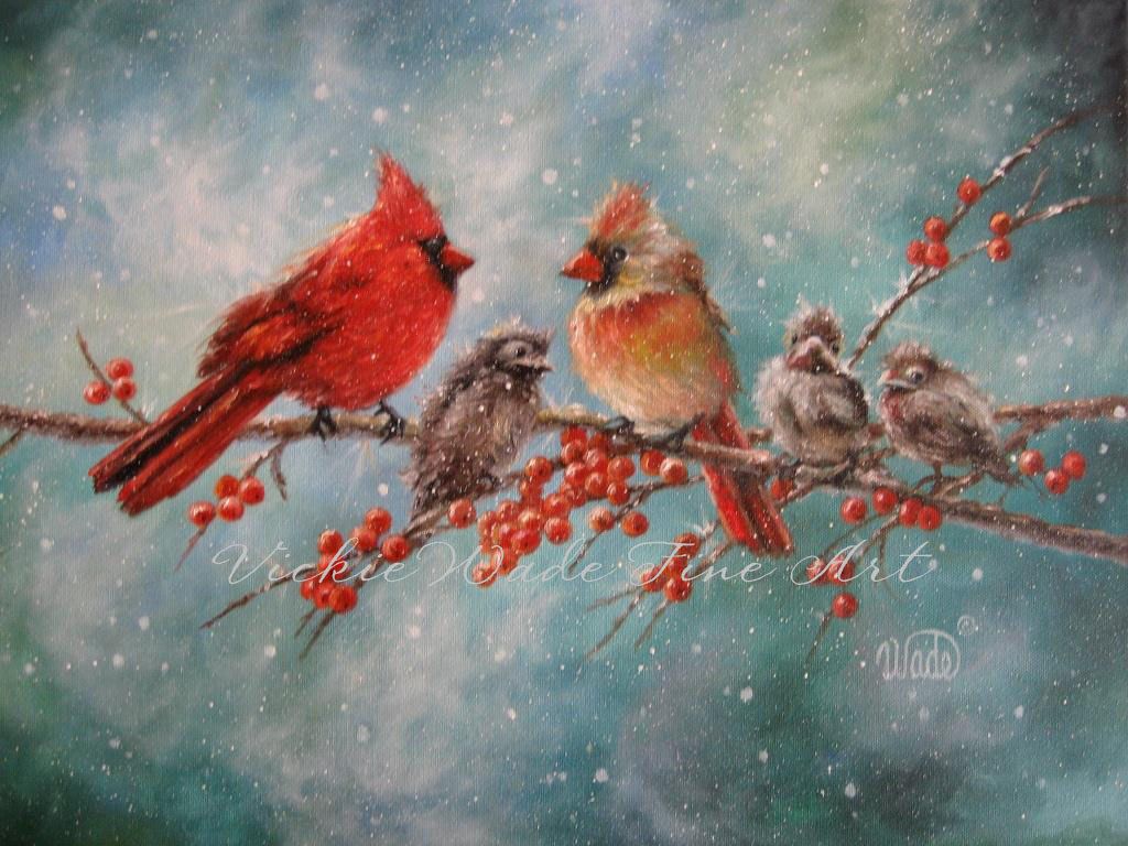 1024x768 Cardinal Family Art Print, Cardinal Paintings, Red Birds, Winter - Winter Bird Painting