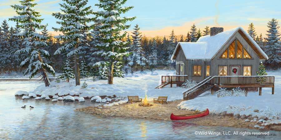 900x449 Northern Exposure Original Acrylic Painting Wild Wings - Winter Cabin Painting