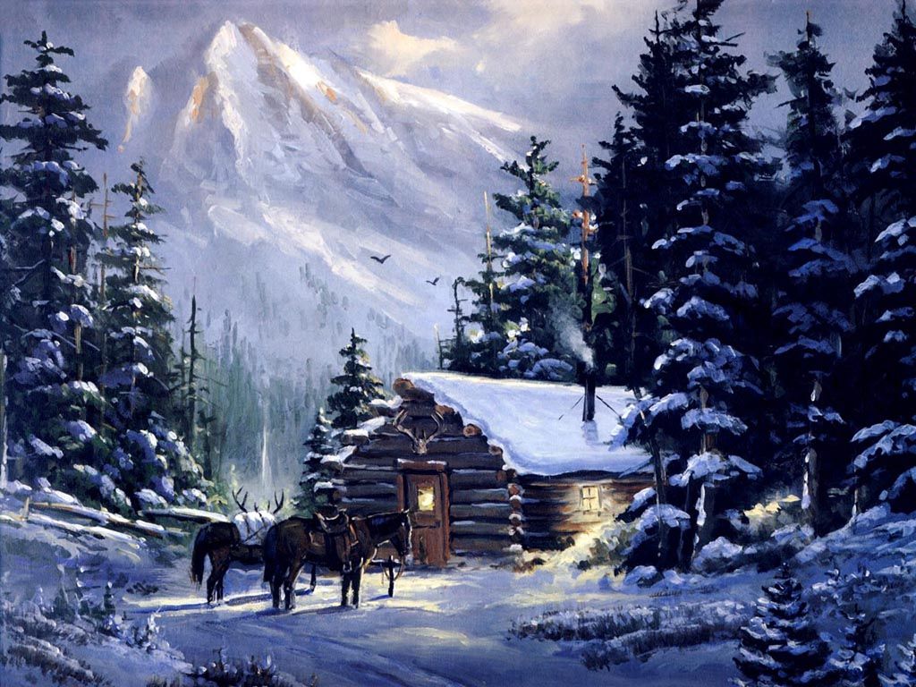 1024x768 Old Mountain Log Cabins In Snow Mountain Cabin, Art, Mountain - Winter Cabin Painting