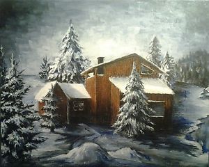 300x240 Original Acrylic Painting, Wall Art, Winter Cabin, Landscape, 16 - Winter Cabin Painting