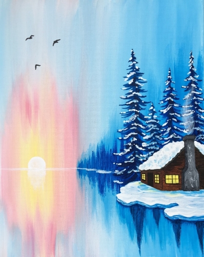398x500 Paint Nite Winter Cabin Sunrise - Winter Cabin Painting