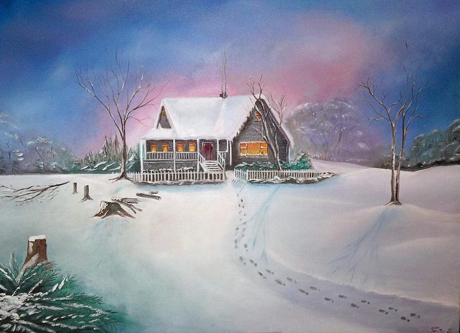 900x653 Warm Winter Cabin Painting By S Robinson - Winter Cabin Painting