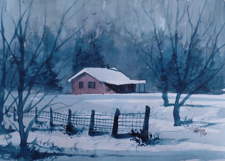 720x517 Winter Cabin, Watercolor Painting - Winter Cabin Painting