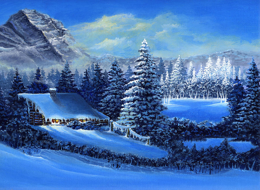 900x657 Winter Cabin Painting By Bonnie Cook - Winter Cabin Painting