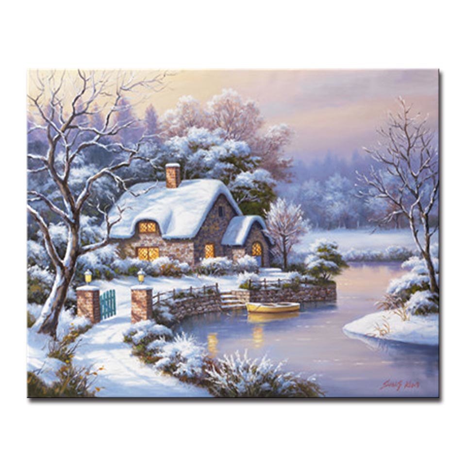 960x960 Frame Diy Painting Kits Coloring By Numbers Winter Cabin Scenery - Winter Cabin Painting