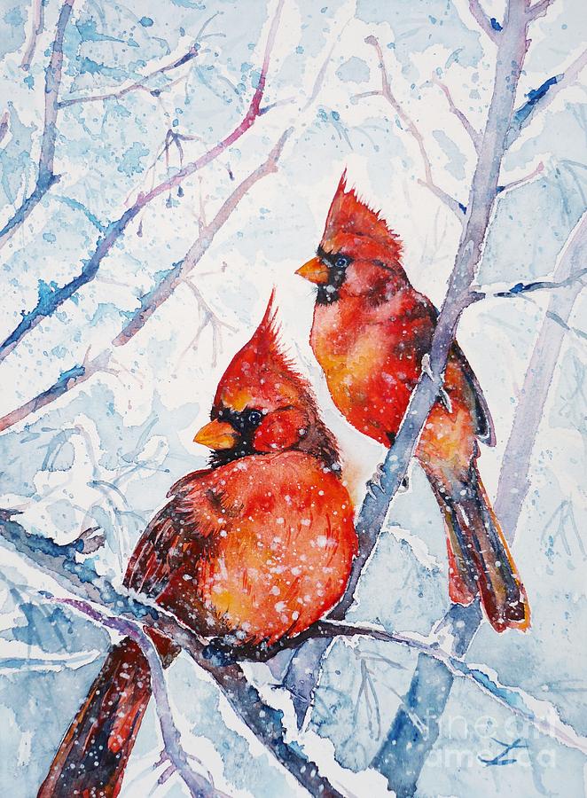 662x900 Flames Of Winter Painting By Zaira Dzhaubaeva - Winter Cardinal Painting