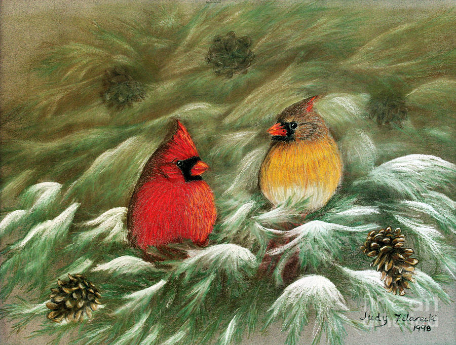 900x681 Cardinals In Winter Male And Female Cardinals Painting By Judy - Winter Cardinal Painting