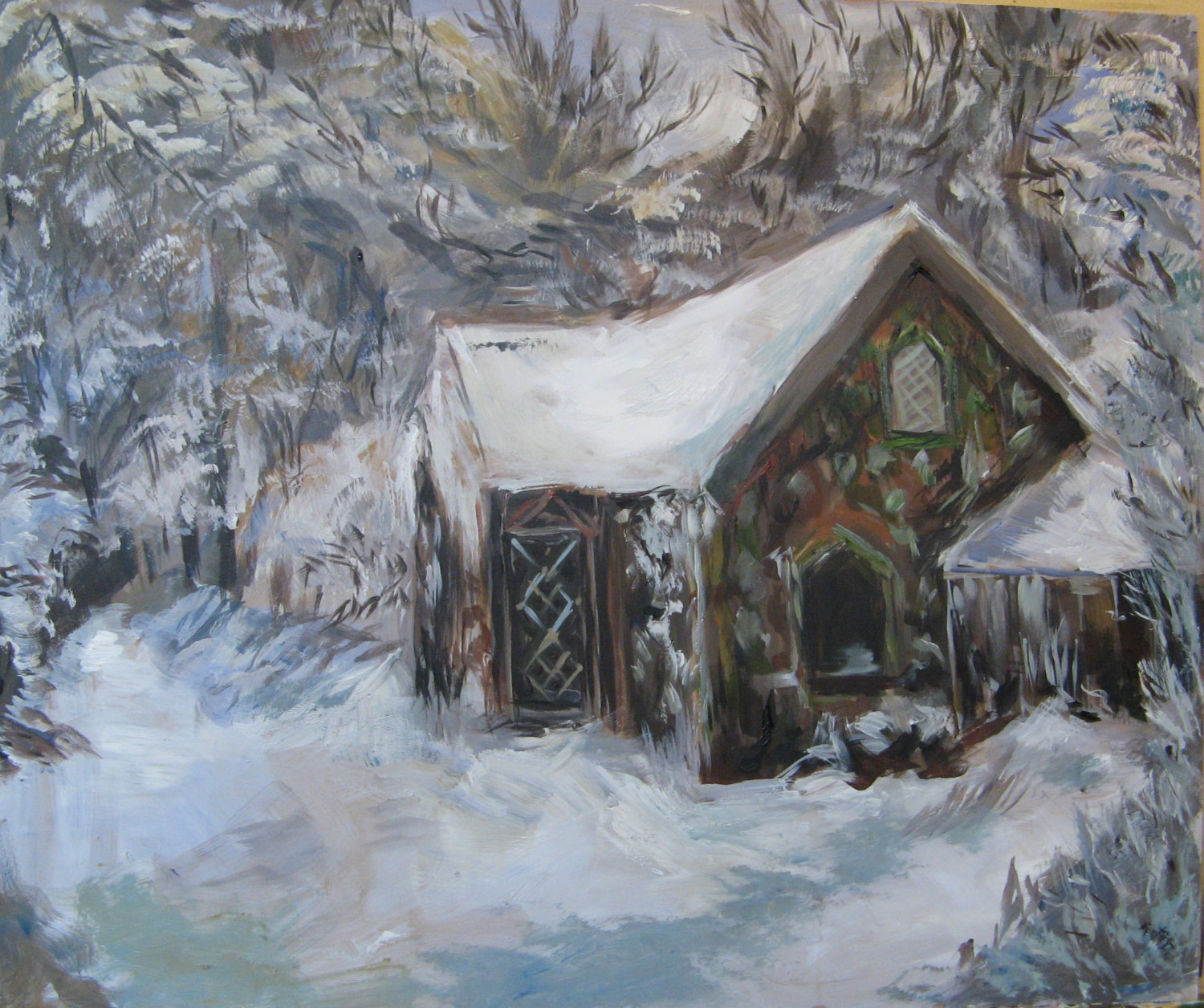 1500x1256 Hermit House In A Winter Forest Original Painting Medieval - Winter Forest Painting