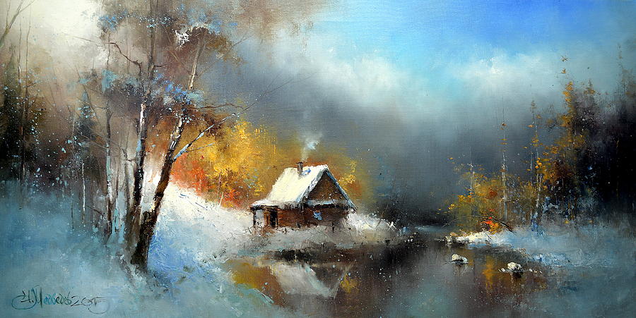 900x451 Lodge In The Winter Forest Painting By Igor Medvedev - Winter Forest Painting