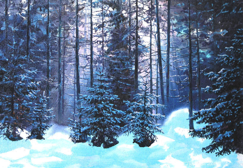 831x574 Sergey Puzirchenko Artwork Winter Forest Original Painting Oil - Winter Forest Painting