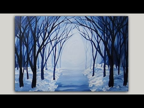 480x360 Acrylic Painting Snowy Winter Forest Path - Winter Forest Painting