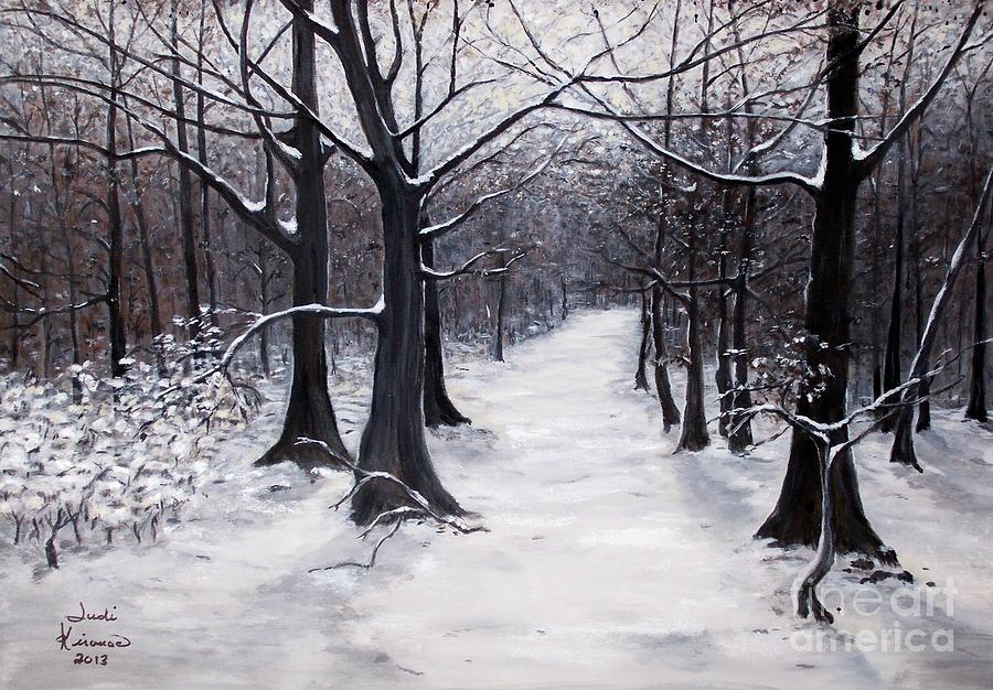 900x626 Forest Path In Winter Painting By Judy Kirouac - Winter Forest Painting