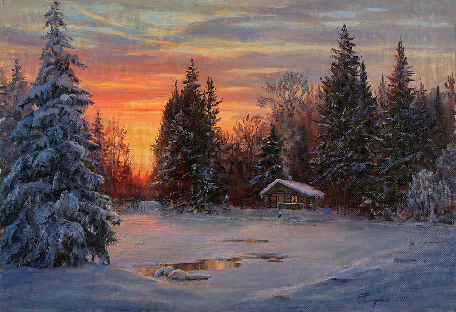 900x616 Forester's House In The Winter Forest Painting By Galina Gladkaya - Winter Forest Painting