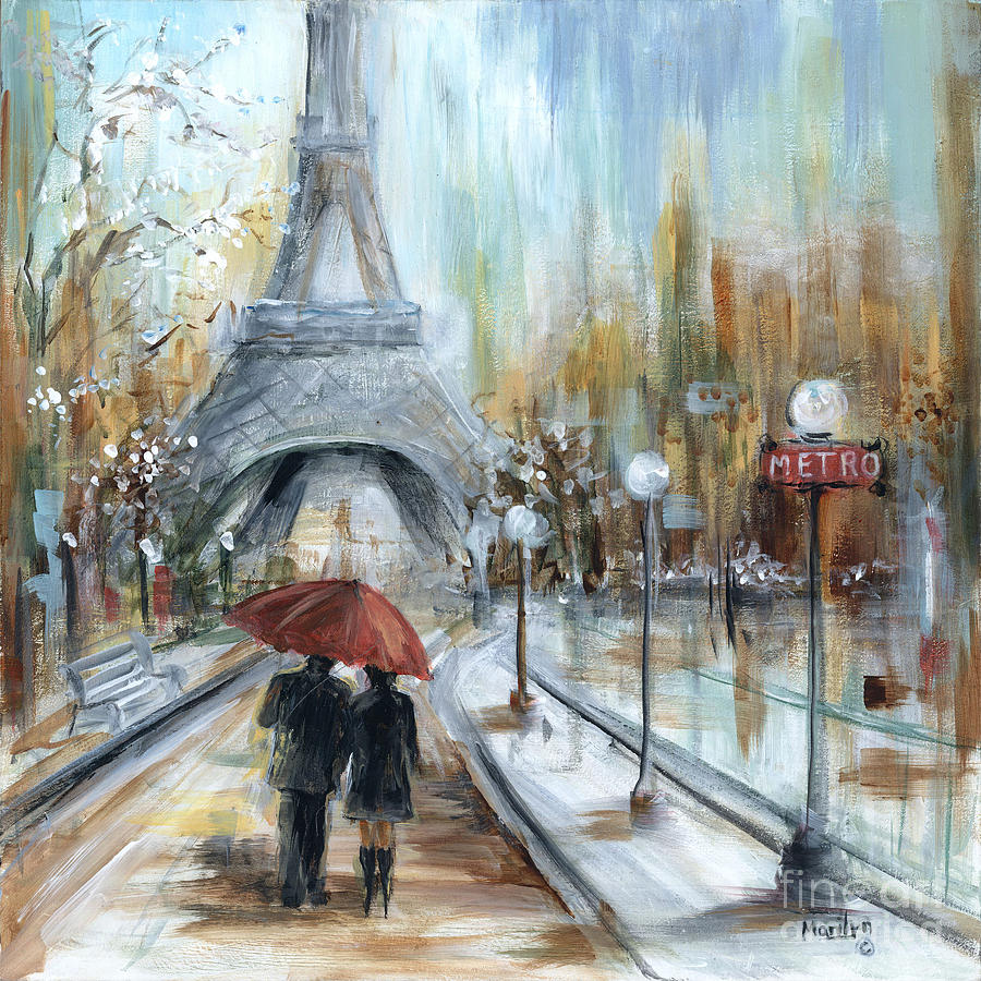 900x900 Paris Lovers I Painting By Marilyn Dunlap - Winter In Paris Painting