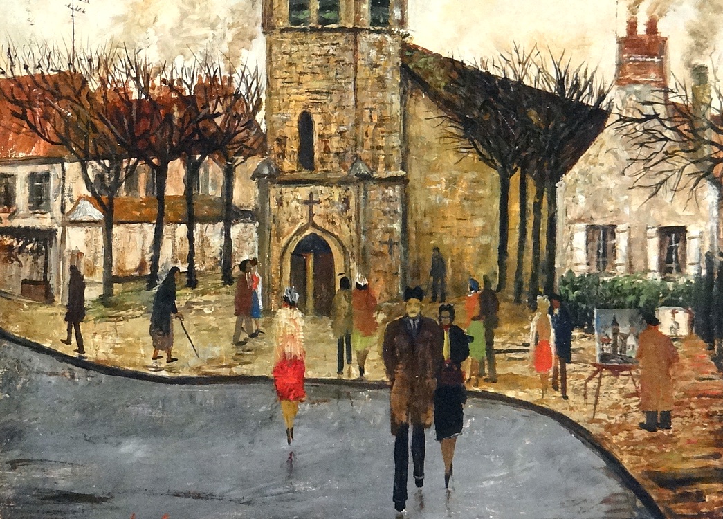 1045x750 Superb Ca.1950 Paris Winter Church Goers Scene Painting Oilcanvas - Winter In Paris Painting