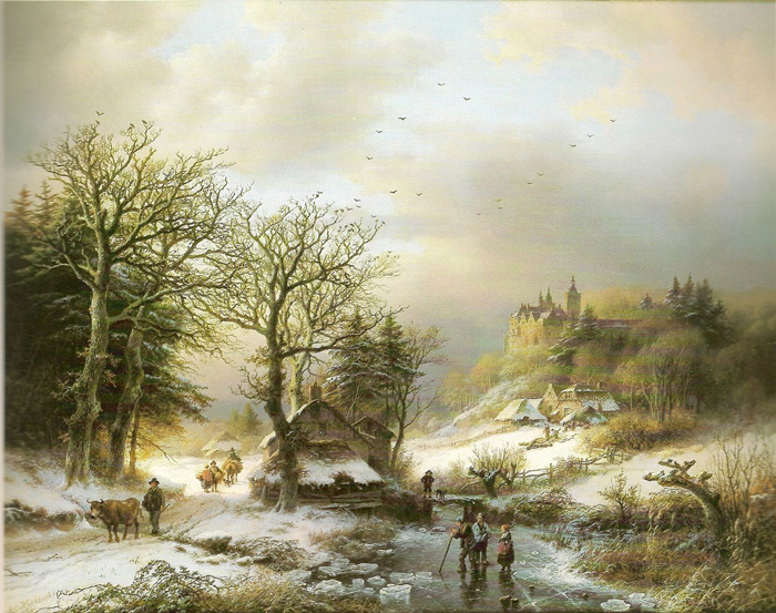 700x553 Figures In A Winter Landscape - Winter Landscape Oil Painting