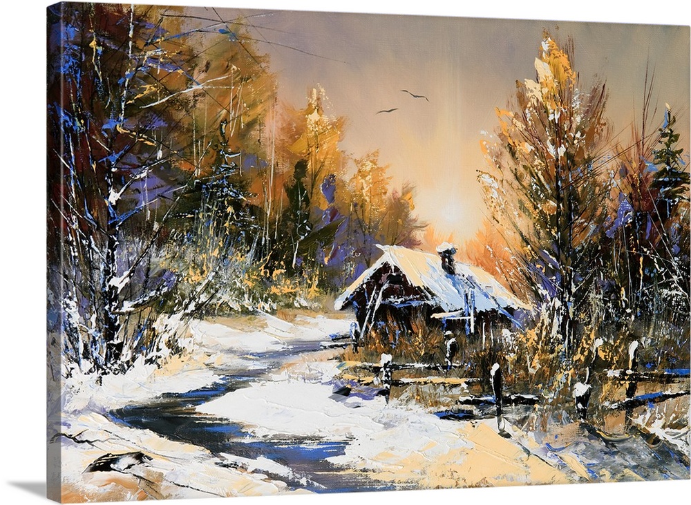1000x731 Oil Painting Of Rural Winter Landscape Wall Art, Canvas Prints - Winter Landscape Oil Painting