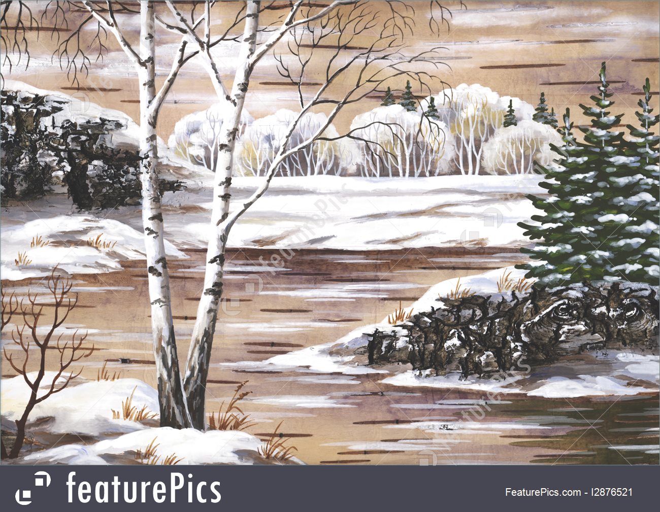 Пейзаж береза и речка карандашом зима