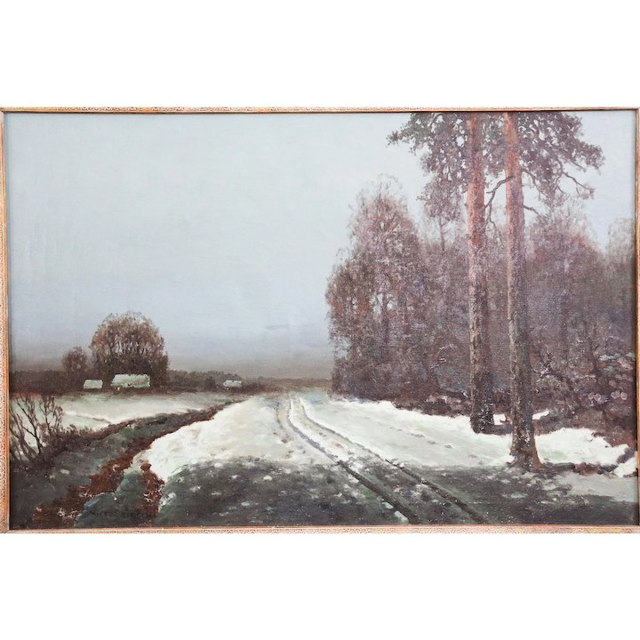 720x720 Vintage Oil On Canvas Winter Landscape Painting By Polish Artist - Winter Landscape Painting