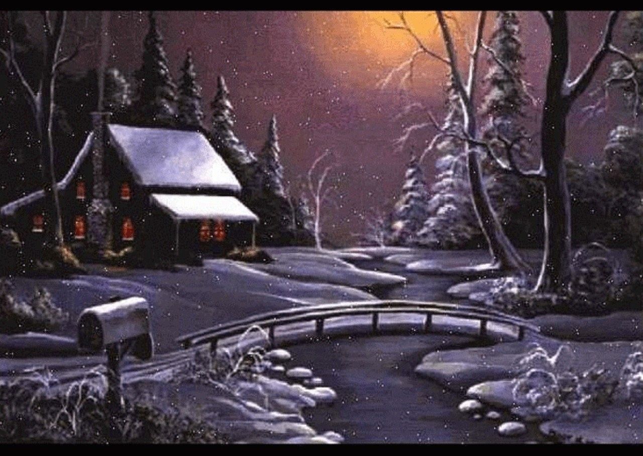 1280x908 Winter Night Bridge Painting Cottage Art Mriver Cabin Wallpaper - Winter Night Painting