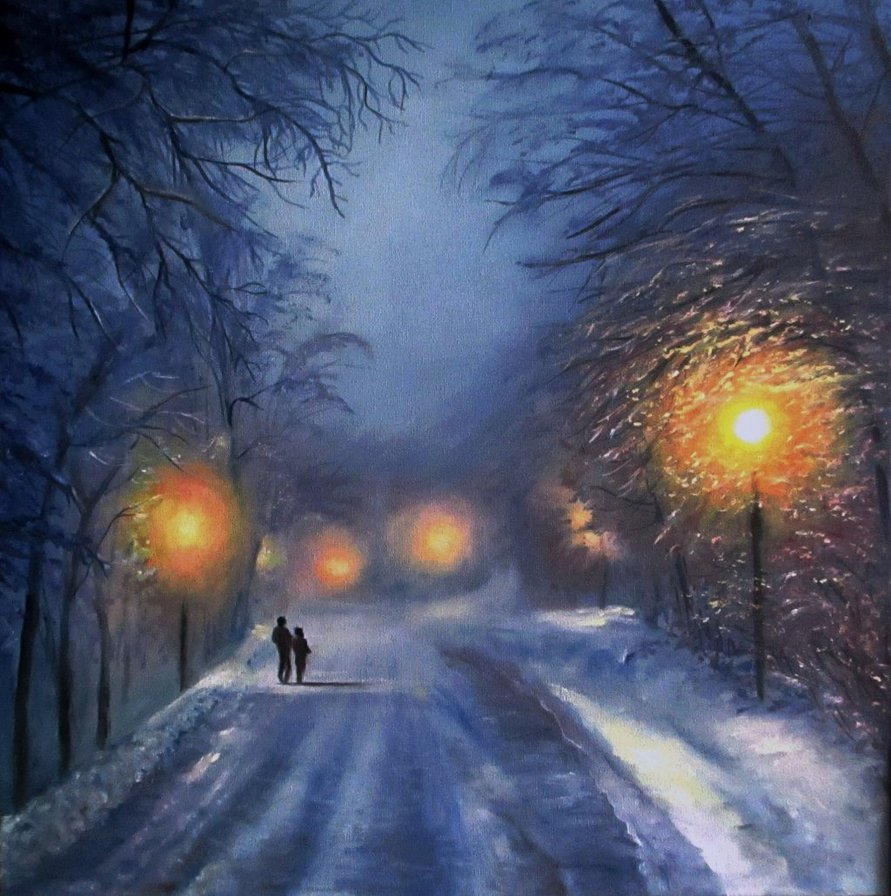 891x896 Winter Night Walk By Belka10 - Winter Night Painting