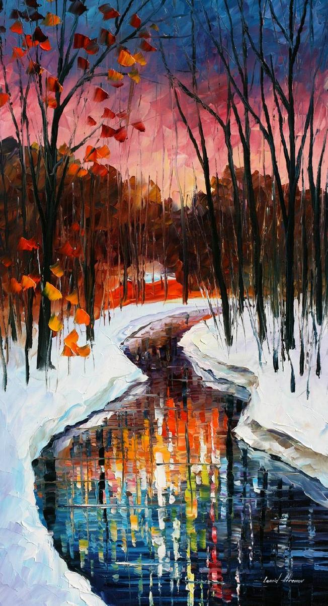 652x1204 Winter Stream Palette Knife Oil Painting On Canvas By Leonid - Winter Painting