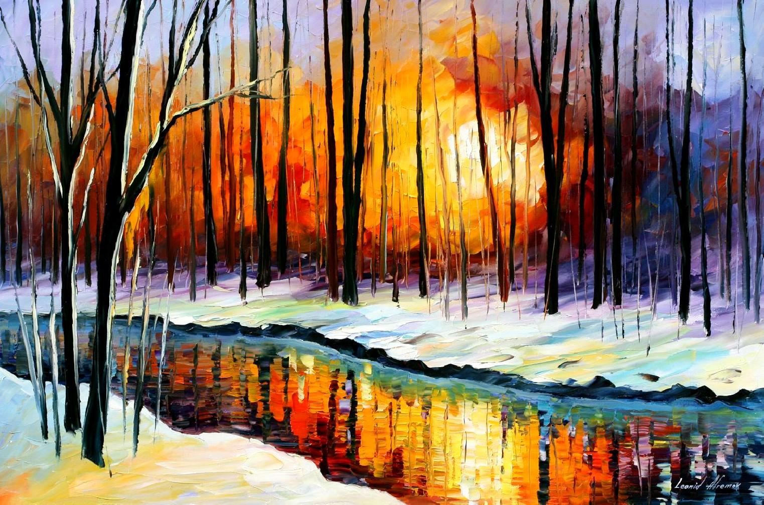 1523x1007 Winter Sun Palette Knife Oil Painting On Canvas By Leonid - Winter Painting