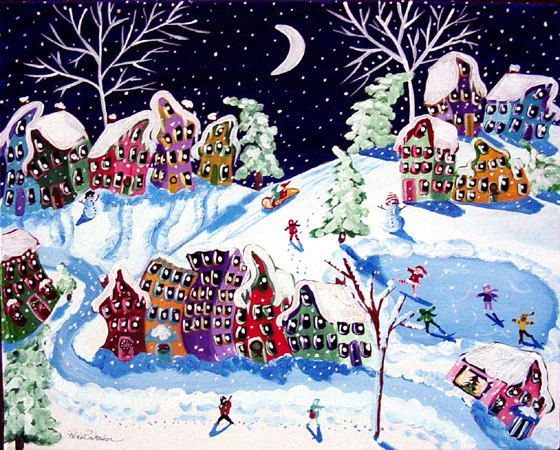 560x450 Little Ice Skater Kids Sled Ride Snowman Holiday Whimsical Fun - Winter Painting For Kids